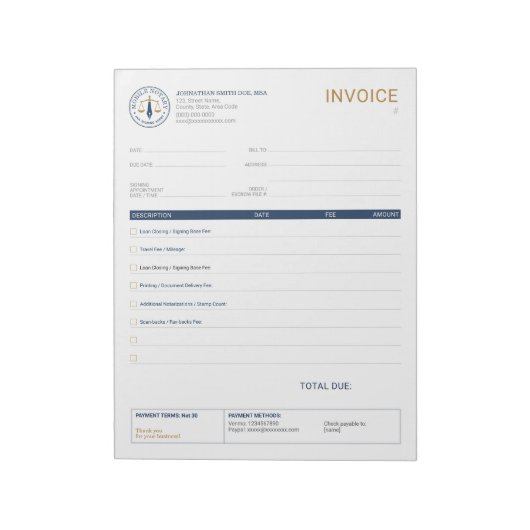 Bloc-note Facture de signature légale de notaire mobile pers (Tourné)