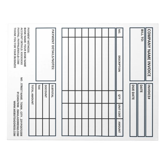 Bloc-note Facture/devis professionnels de grande taille (Devant)