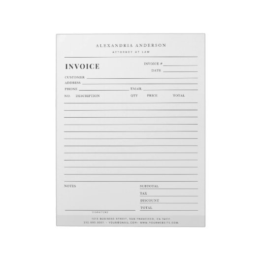 Bloc-note Facture professionnelle minimaliste de l'avocat bl (Tourné)