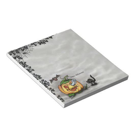 Bloc-note Fantôme, Chat, Chat et Citrouille, Bonne Halloween (Incliné)