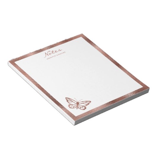 Bloc-note Faux Rose Gold Foil Butterfly & Custom Text (Incliné)