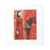 Bloc-note Femme en robe rouge fleurie & cheval noir (Devant)