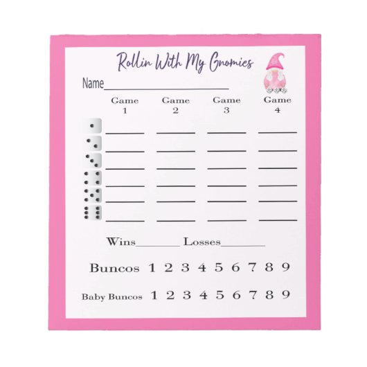 Bloc-note Feuille de score Bunco Pad Cute Gnome Rose (Devant)