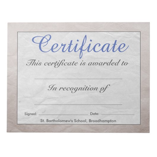 Bloc-note Feuilles de certificat d'école à faible coût (Devant)