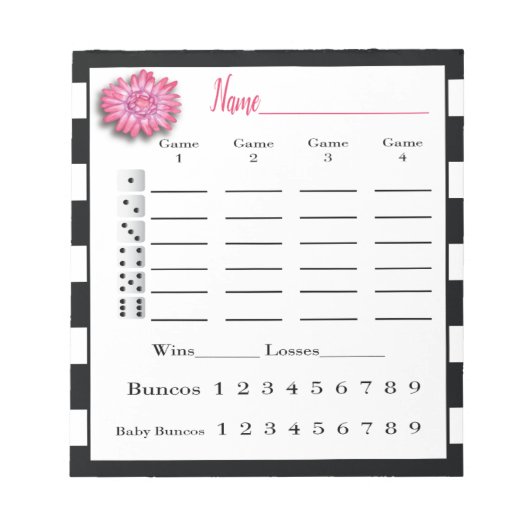 Bloc-note Feuilles de score Bunco Noir et Blanc Fleur Rose (Devant)