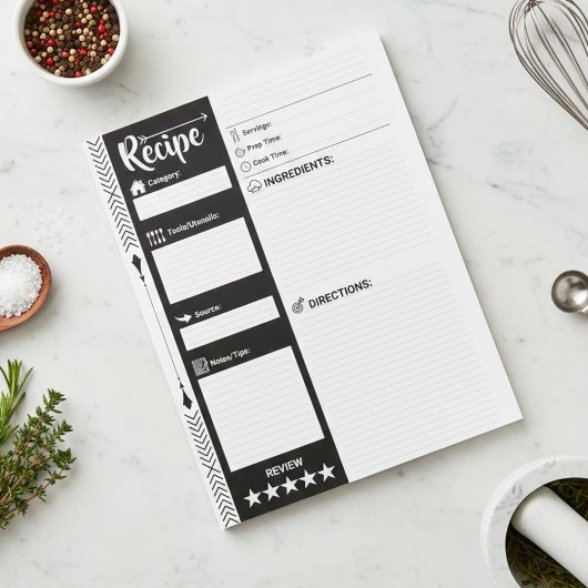 Bloc-note Feuilles modernes noir & blanc | Pages de recette