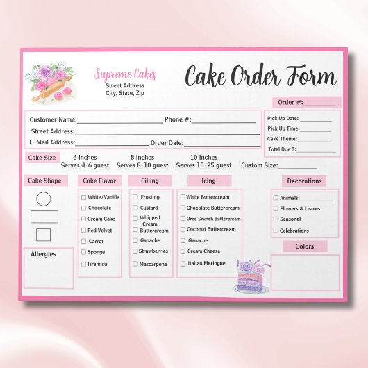 Bloc-note Fiche de commande de gâteau Rose de la broche aqua