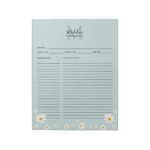 Bloc-note Fiche de recette à monogramme en script sarcelle m