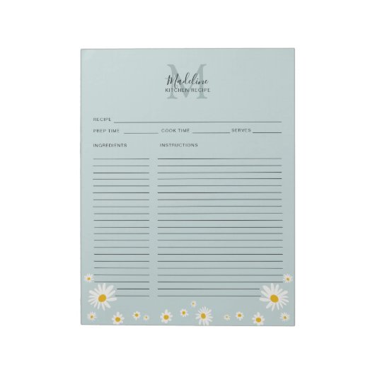Bloc-note Fiche de recette à monogramme en script sarcelle m (Tourné)