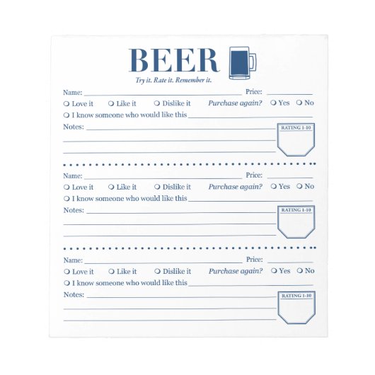 Bloc-note Fiche d'évaluation de l'amateur de bière (Devant)