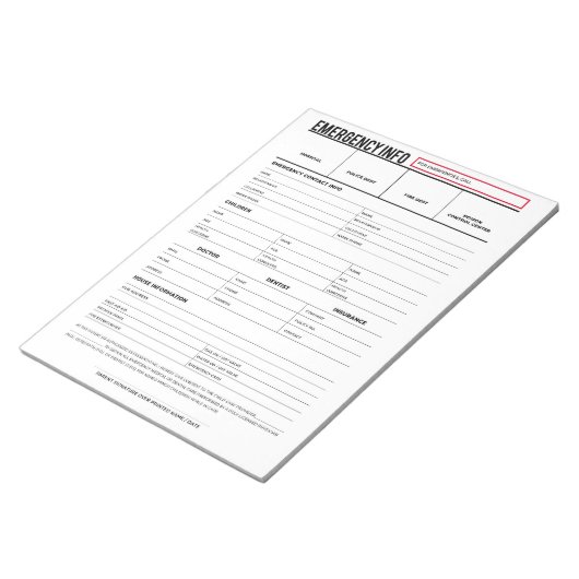 Bloc-note Fiche d'informations sur les contacts d'urgence (Incliné)