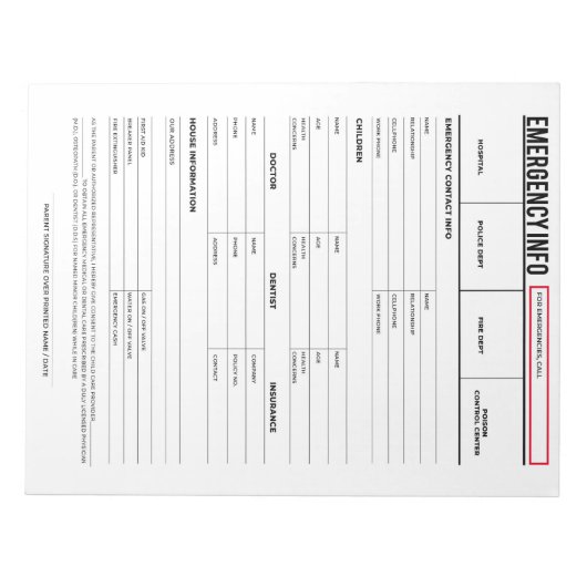 Bloc-note Fiche d'informations sur les contacts d'urgence (Devant)