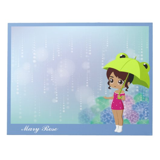 Bloc-note Fille Avec Grenouille Parapluie & Fleurs Hydrangée (Devant)