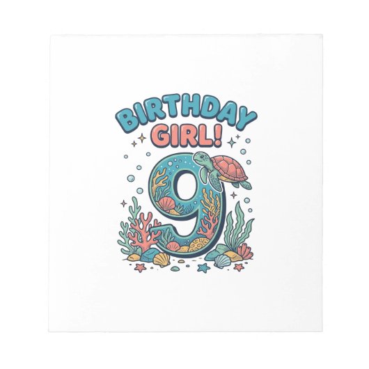 Bloc-note Fille d'anniversaire 9 Tortue de mer Vector Design (Devant)
