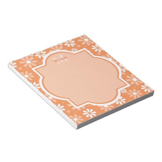 Bloc-note Fille Monogramme mignon Orange Daisy Fleurs et nom (Incliné)