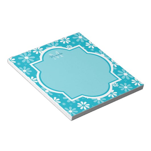 Bloc-note Fille Monogramme Turquoise Daisy Fleurs Avec Nom (Incliné)
