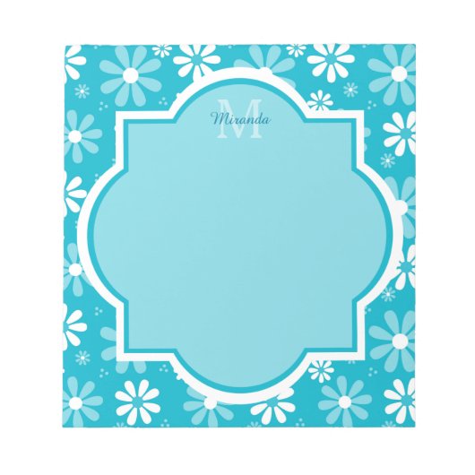 Bloc-note Fille Monogramme Turquoise Daisy Fleurs Avec Nom (Devant)