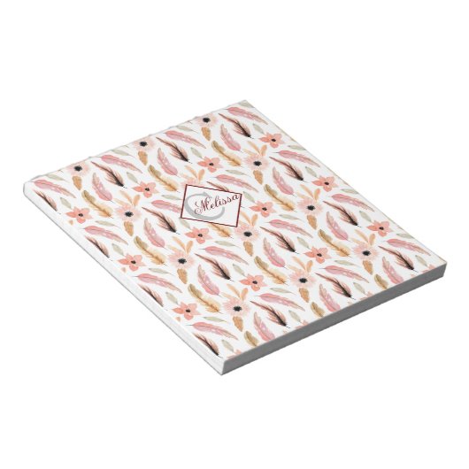 Bloc-note Fille rose florale Aquarelle Motif Nom Script (Incliné)