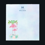 Bloc-note Flamant rose rose Momma & bébé avec palmiers<br><div class="desc">Bloc-notes customisé avec un nom et une initiale. Conçu avec l'illustration d'une maman et d'un bébé flamant rose debout sur un lit de fleurs florales succulentes avec des palmiers verts se balançant dans le dos. Tropical et joli. L'arrière - plan est une aquarelle d'été bleu clair avec des touches de...</div>