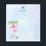 Bloc-note Flamant rose rose Momma & bébé avec palmiers<br><div class="desc">Bloc-notes customisé avec un nom et une initiale. Conçu avec l'illustration d'une maman et d'un bébé flamant rose debout sur un lit de fleurs florales succulentes avec des palmiers verts se balançant dans le dos. Tropical et joli. L'arrière - plan est une aquarelle d'été bleu clair avec des touches de...</div>
