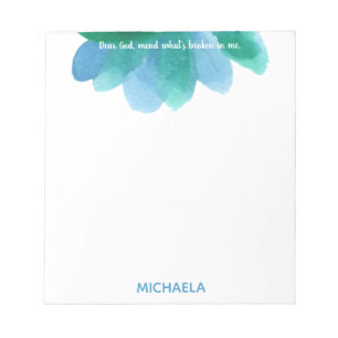 Bloc-note Fleur et prière personnalisée à l'aquarelle bleue