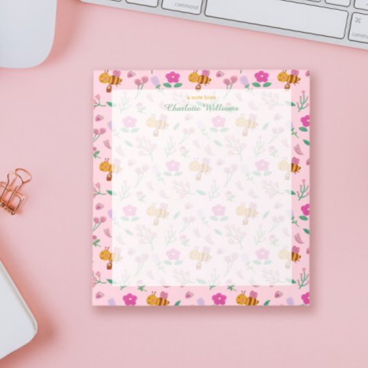 Bloc-note fleur sauvage chic rose aquarelle abeille Nom du m