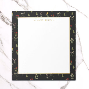 Bloc-note Fleur sauvage Vintage noir et nom Gold