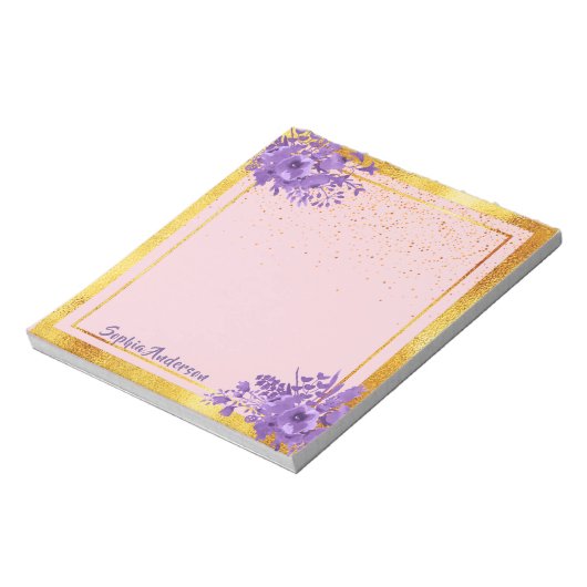 Bloc-note fleurons violets d'or rose nom (Tourné)