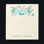 Bloc-note Fleurs à main turquoise, personnalisées<br><div class="desc">Ce bloc-notes fleuri et coloré présente un graphique floral dessiné à la main sur le dessus. Le design offre les couleurs : turquoise, bleu foncé, gris et vert. La couleur arrière - plan est crème, bien qu'elle puisse être changée en n'importe quelle couleur disponible en choisissant customiser. Le texte personnalisable,...</div>