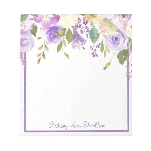 Bloc-note Fleurs aquarelles violettes nom personnalisable (Devant)