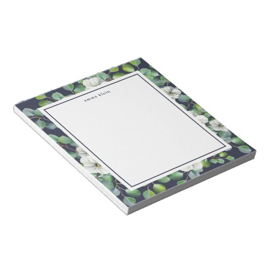 Bloc-note Fleurs blanches élégantes Nom vert (Incliné)