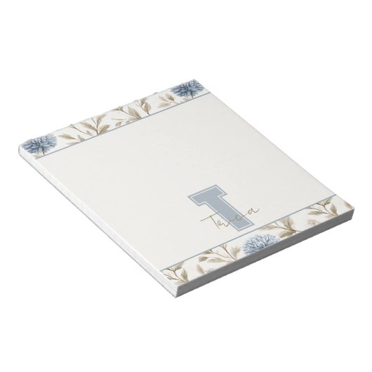 Bloc-note Fleurs Brunes Bleues Crème Monogramme Initial Nom (Incliné)