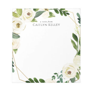 Bloc-note Fleurs d'aquarelle blanche, cadre d'or personnalis