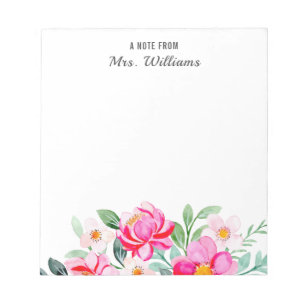 Bloc-note Fleurs D'Aquarelle Floral Nom Personnalisé Une Not