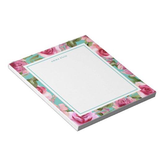 Bloc-note Fleurs d'aquarelle rose Fille Nom bleu (Incliné)