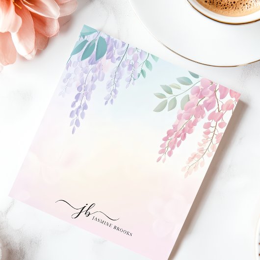 Bloc-note Fleurs de glycine rose pastel personnalisées