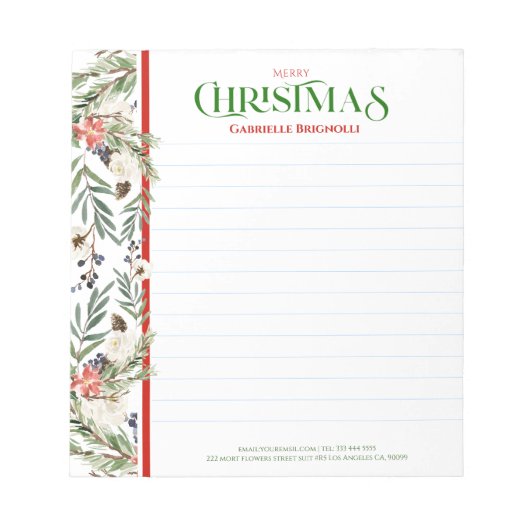 Bloc-note Fleurs de Noël et frontière de verdure (Devant)