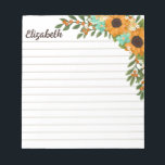 Bloc-note Fleurs de soleil Orange Berries Linked Votre Nom<br><div class="desc">Bloc-notes de tournesol personnalisé avec des lignes pratiques et votre nom dans un script brun et des tournesols jaunes et des fleurs plus petites en jaune, turquoise et blanc avec des branches de baies sur le côté droit du bloc-notes. Bloc-notes personnalisé à thème tournesol avec papier doublé et imprimé avec...</div>