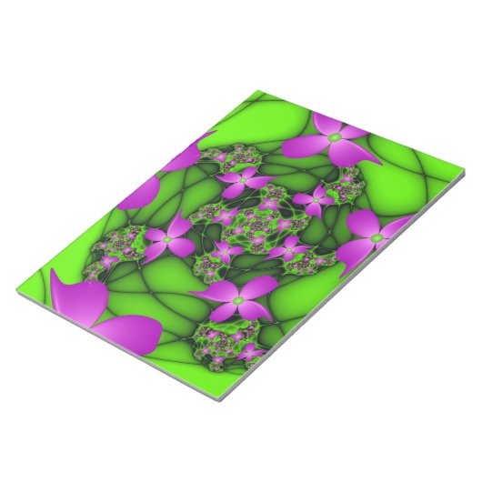 Bloc-note Fleurs fractales Abstraites de néon rose vert (Incliné)