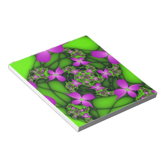 Bloc-note Fleurs fractales Abstraites de néon rose vert (Incliné)