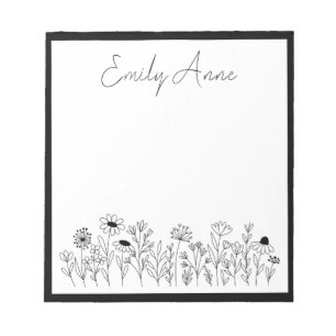 Bloc-note Fleurs sauvages noir et blanc Dessin au trait Fleu