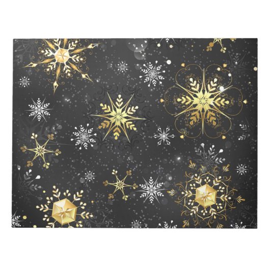 Bloc-note Flocons de neige dorés de Noël sur fond noir (Devant)