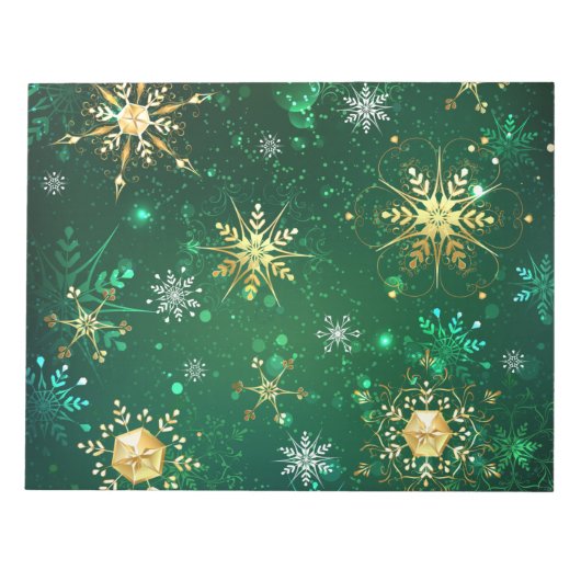 Bloc-note Flocons de neige dorés de Noël sur fond vert (Devant)