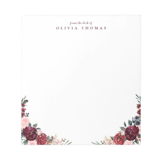 Bloc-note Floral boho de Bourgogne personnalisée Papeterie (Devant)