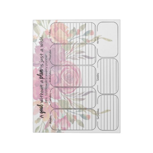Bloc-note floral weekplanner note pad personalized quote (Tourné)