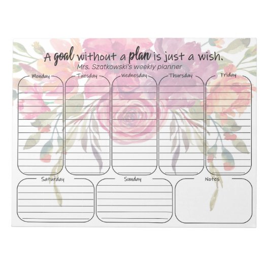 Bloc-note floral weekplanner note pad personalized quote (Devant)