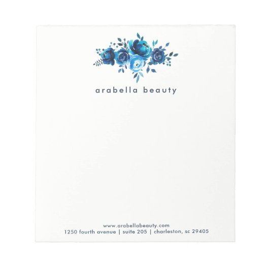 Bloc-note Flore d'aquarelle bleu chic avec nom commercial (Devant)