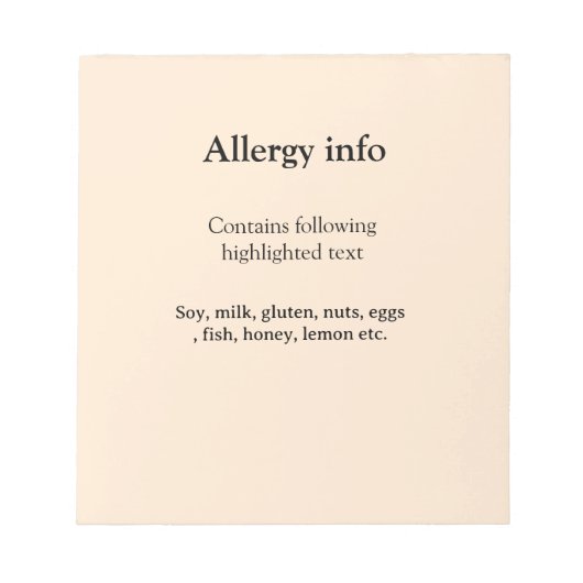 Bloc-note Food allergy alert add name text food items invita (Devant)