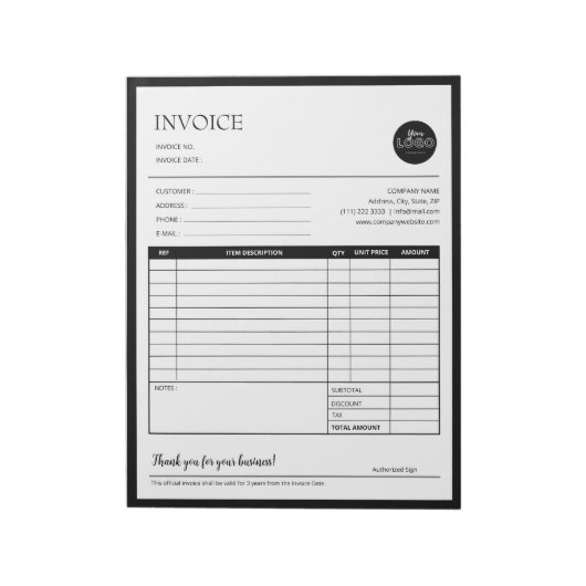 Bloc-note Formes de facture Black Modern Business (Tourné)