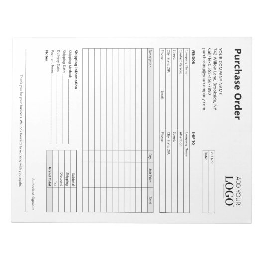 Bloc-note Formulaire de commande achat | Logo modifiable pou (Devant)